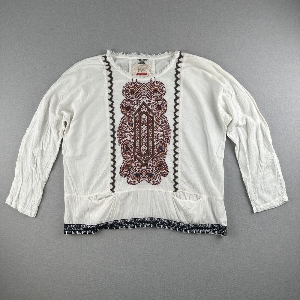 Johnny Was Biya Blouse Women M White Embroidered Boho Long Sleeve Pocket Top